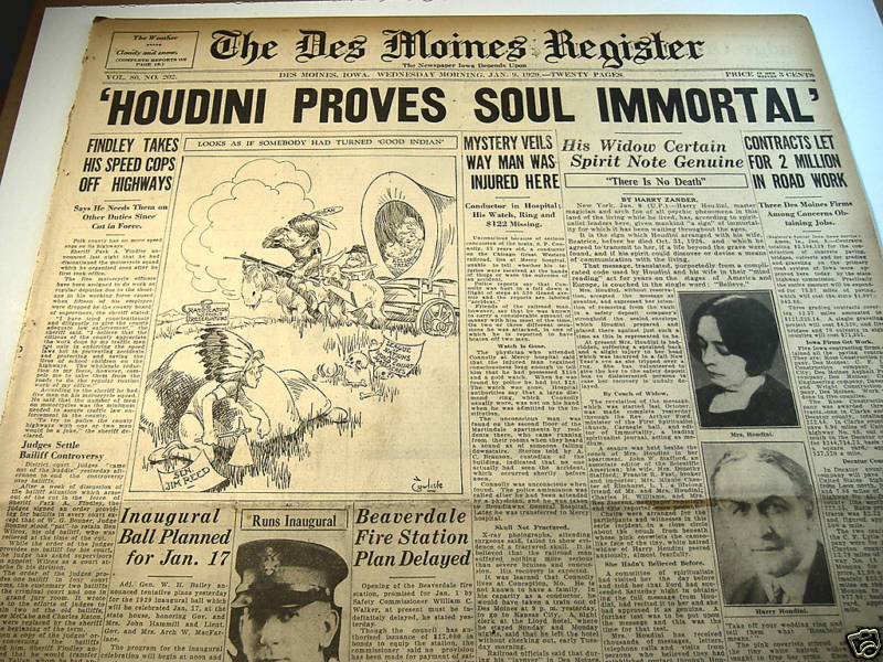 Story of Houdini returning in a seance from his wife.